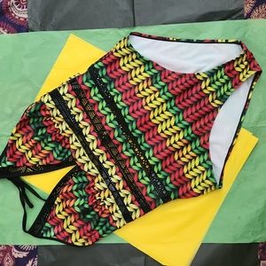 Reggae Style, Red, Green, Black, Gold V-Neck 1 Piece Swimsuit